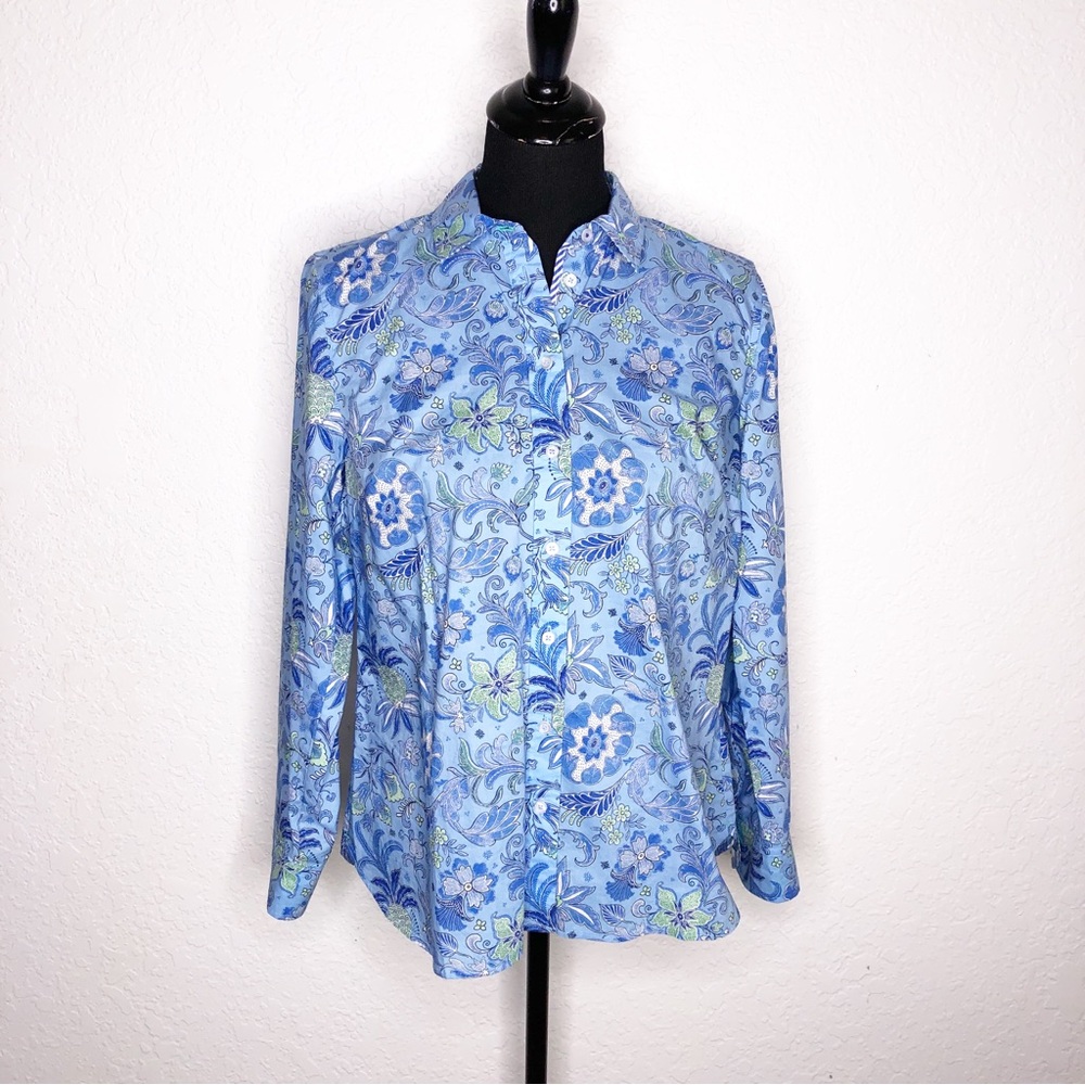 Talbots blue white green floral pineapple button‎ down top Medium Petite MP NWT
